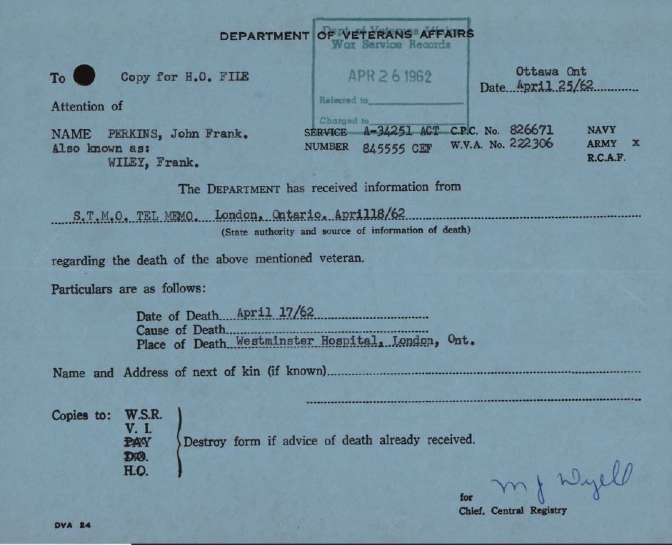 Veterans Affairs Death Card