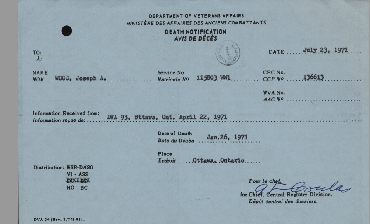 Veterans Affairs Death Notice Joseph A Wood 115803