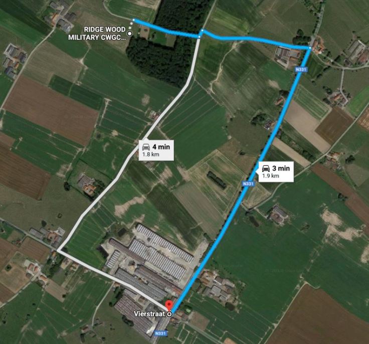 Map of route from Ridgewood to Vierstraat