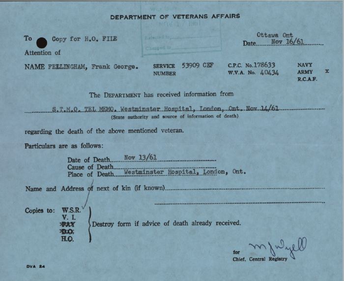 Dept Veterans Affairs Death Card Fellingham 53909