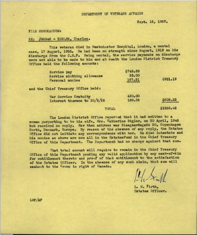 Estate Letter upon Death Bigler 53546