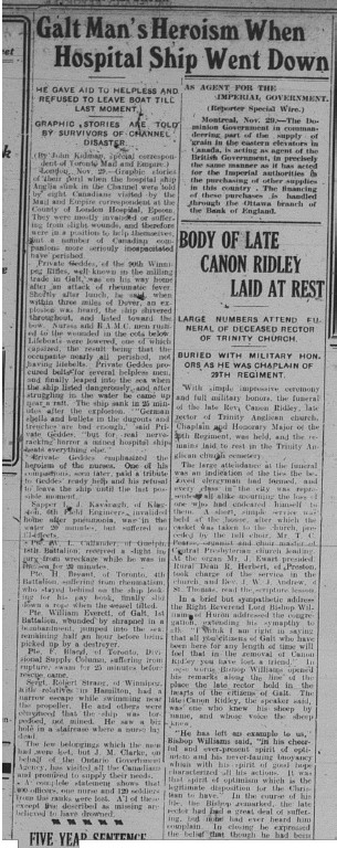 GDR November 29 1915 Page 5 Galt Mans Heroism When Hosptital Ship Went Down Callander
