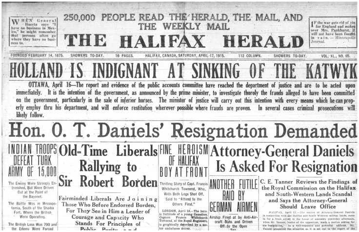 Halifax Herald Front Page April 17 1915 re sinking and soldier losing legs