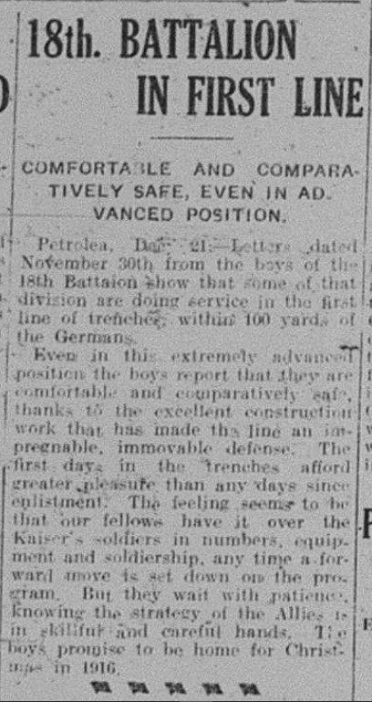 GDR December 21 1915 Page 1 18th Battalion In First Line