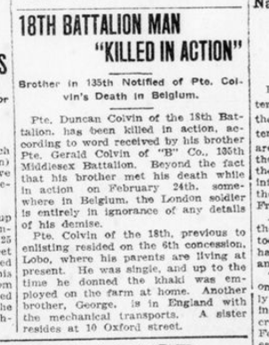 18th Battalion Man Killed in Action London Advertiser March 7 1916 Page 1
