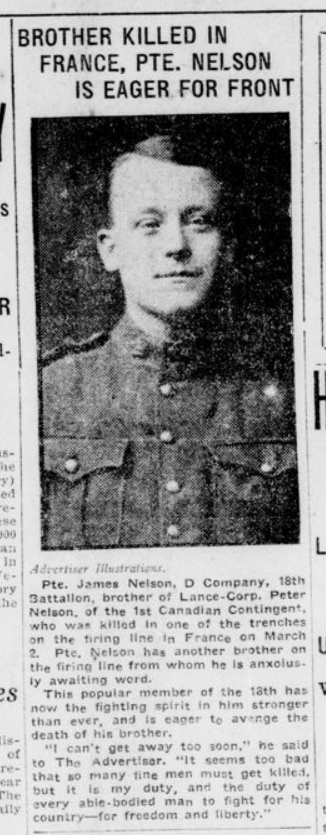 Brother Killed in France PTE Nelson is Eager for Front London Advertiser February 31 1915 Page 1