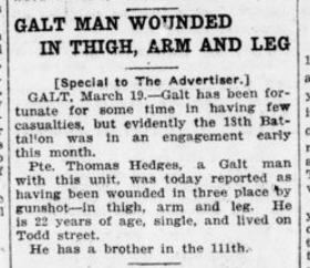 Galt Man Wounded in Thigh Arm and Leg London Advertiser March 1916 Page 9