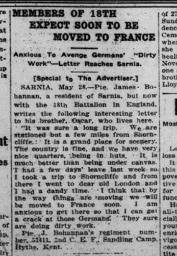 Members of 18th Expect Soonn To Be Moved to France London Advertiser May 29 1915 Page 2