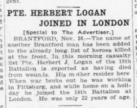 Pte Herbert Logan Joined In London London Advertiser November 27 1915 Page 11