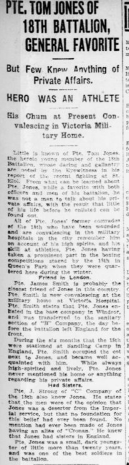 Pte Tom Jones of 18th Battalion General Favorite London Advertiser April 24 1916 Page 3