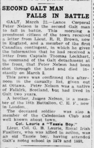 Second Galt Man Falls in Battle London Advertiser March 23 1915 Page 2