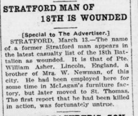 Stratford Man of 18th is Wounded London Advertiser March 14 1916 Page 4