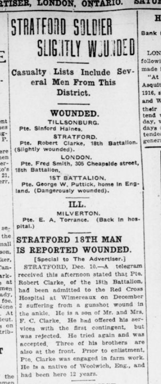 Stratford Soldier Slightly Wounded London Advertiser December 11 1915 Page 11