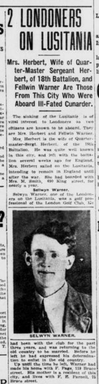 Two Londoners on Lusitania London Advertiser May 7 1915 Page 1