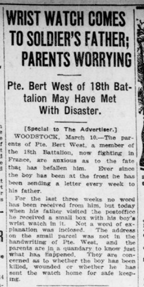 Wrist Watch Comes to Soldiers Father Parent Worrying London Advertiser March 11 1916 Page 10