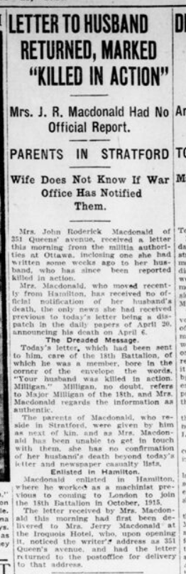 Letter to Husband Returned Marked Killed in Action London Advertiser July 13 1916 Page 3