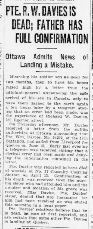 Pte R W Davies is Dead Father Has Full Confirmation London Advertiser June 30 1916 Page 3