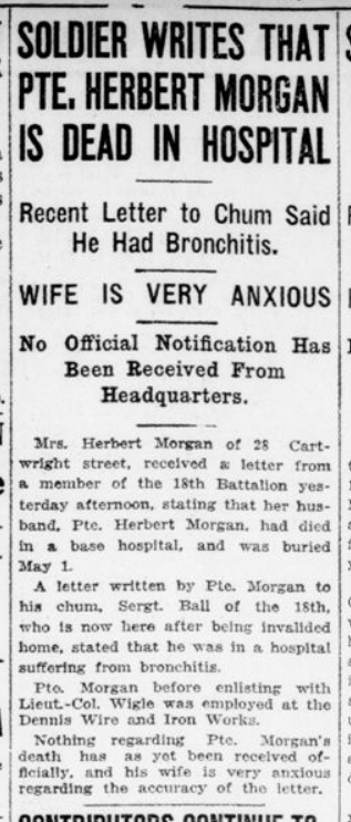 Soldier Writes That Pte Herbert Morgan is Dead in Hospital London Advertiser May 16 1916 Page 12