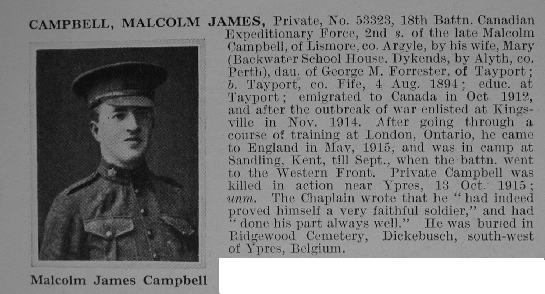 Campbell M J Pte 53323 18th Canadian Infantry (Western Ontario Regiment) Obituary De Ruvignys Roll O