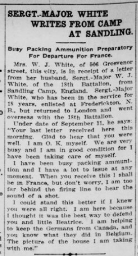 Sgt Major White Writes from Camp at Sandling London Free Press September 28 1915 Page 3