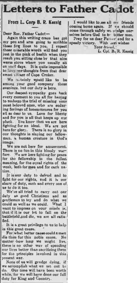 Bernard Rueben Keeshig from the Canadian Echo Feb 14th 1917 (Father Cadot was the priest at Cape Croker)