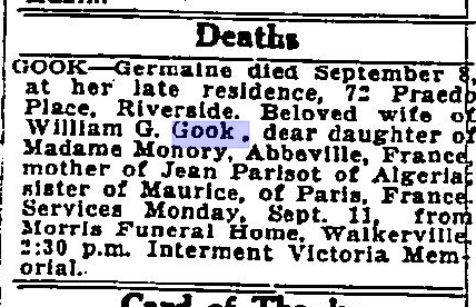Deaths Obit of WG Gook Wife The Border Cities Star September 9 1932 Page 26