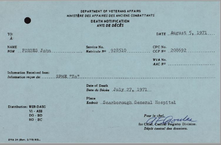 Veterans Canada Death Card