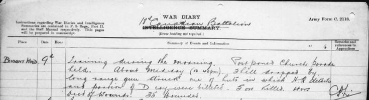 18th Battalion entry for July 9, 1917 relating the incident