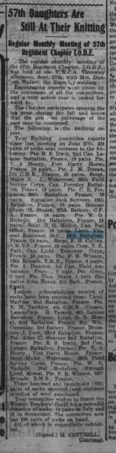 57th Dauthgers are Still At Their Knitting re. Eastwood mentioned Peterborough Examiner September 28 1917 Page 17