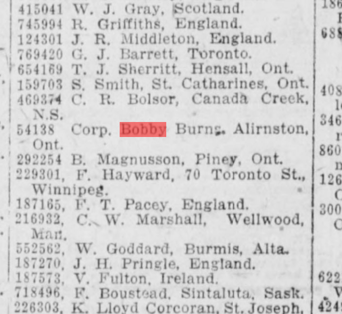 Winnipeg Evening Tribune April 25 1917 Page 14 Corporal Bobby Burns 54138